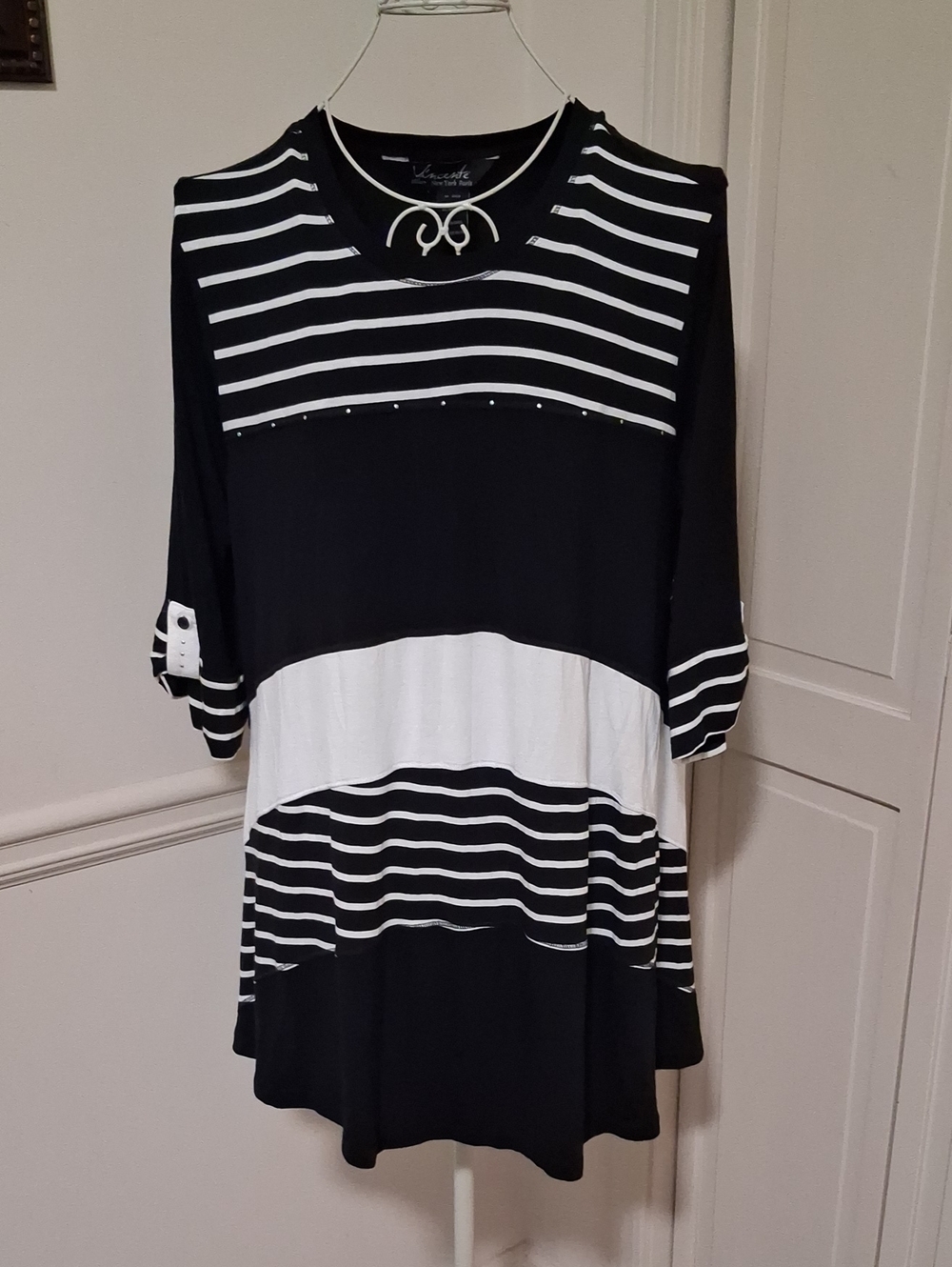 Vince Black and White Striped Tunic with Contrast Panel
